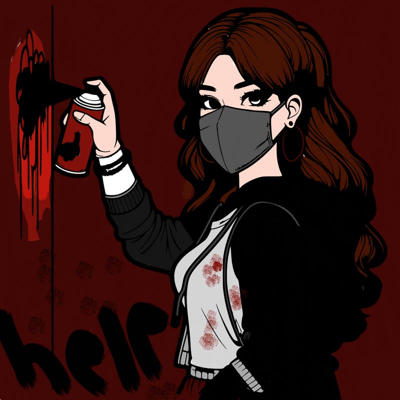 realistic girl with mask spray painting a wall