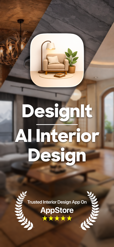 AI Interior Design - DesignIt - Pantalla promocional para la aplicación de Diseño de Interiores con IA DesignIt que muestra el ícono de la aplicación y una insignia de calificación de cinco estrellas de la App Store.