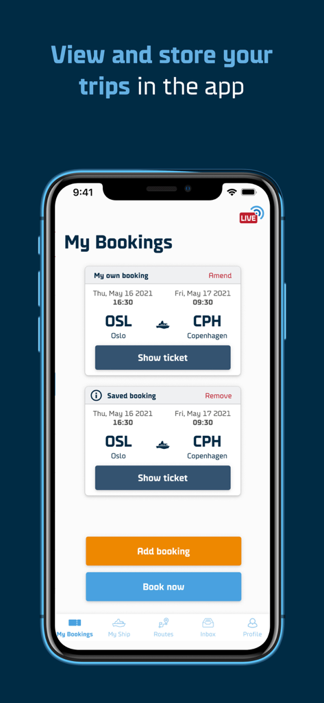 DFDSモバイルアプリの「マイ予約」セクションを表示するインターフェイス。オスロからコペンハーゲンへのフェリー旅行が含まれています。