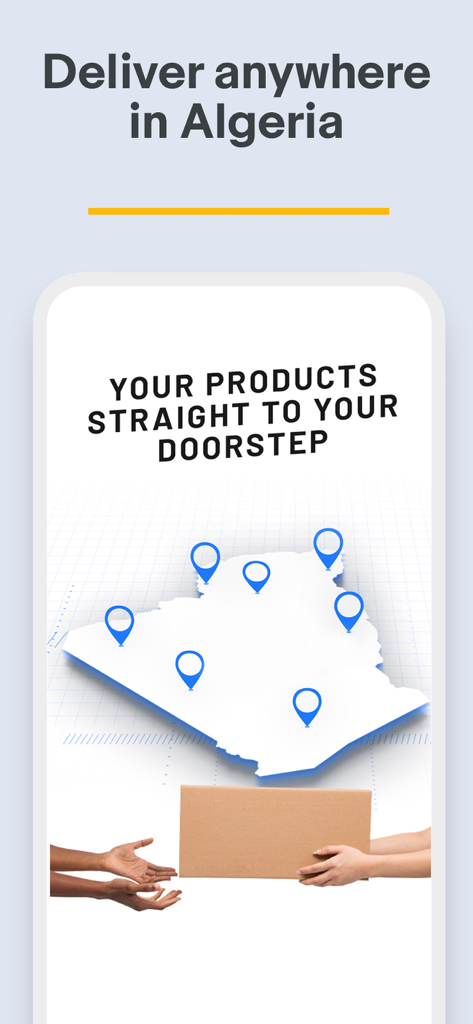 Ouedkniss - Service de livraison à domicile Ouedkniss à travers l'Algérie présentant une carte avec des épingles de localisation et une remise de colis