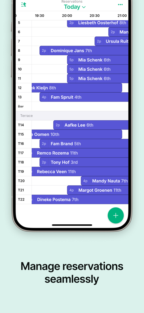Interfaz móvil de la aplicación Tebi POS para gestionar reservas de restaurantes con una vista de línea de tiempo diaria