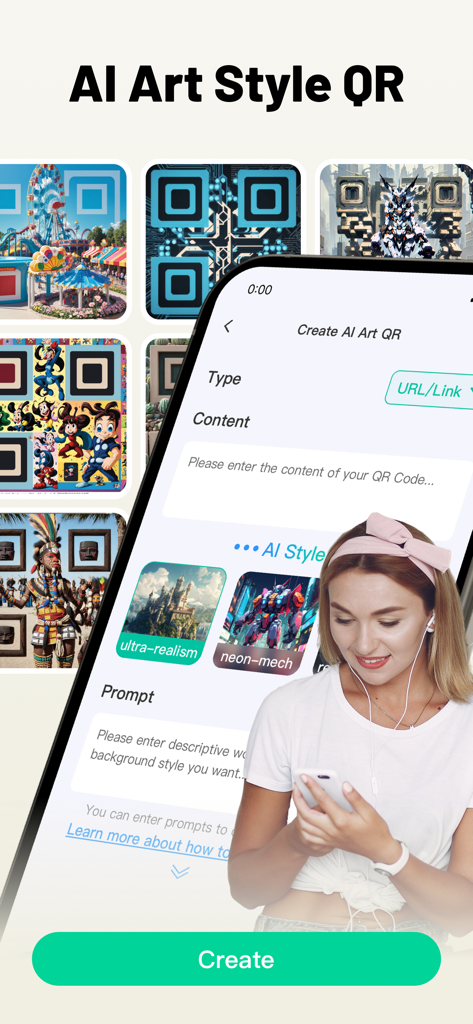 Safe QR Barcode Reader Creator - Safe QR app screen showing AI-powered artistic QR code creation and examples.