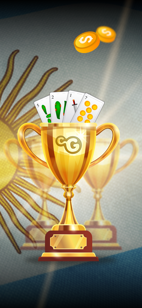 Troféu dourado segurando cartas de baralho espanholas com o sol da bandeira argentina ao fundo