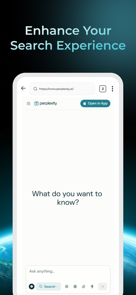 Comet - Ai Agent Browser - Comet AI Agent Browser search interface showing Perplexity AI integration on a mobile screen