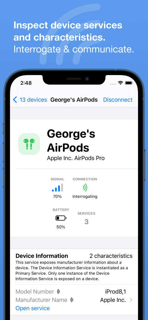 Bluetooth Inspector - Bluetooth Inspector app showing detailed services and characteristics for Apple AirPods Pro including signal strength and battery level