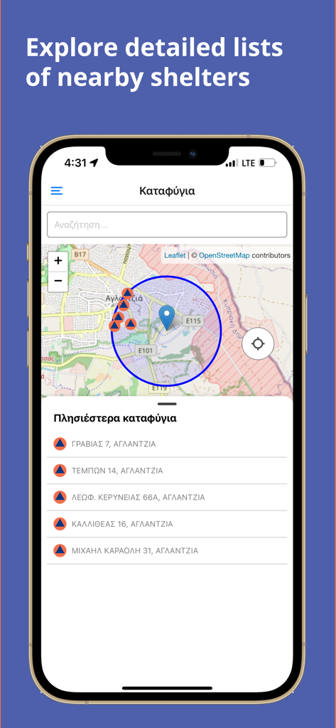 SafeCY - SafeCY mobile app displaying an interactive map and list of nearby emergency shelters