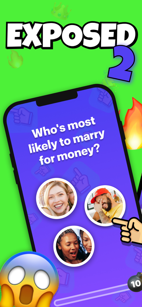 A smartphone showing a Most Likely To question in the Exposed Party game app with friend profiles