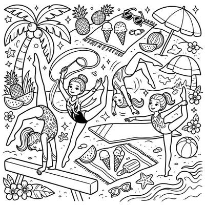 Celebrate the energy of youth gymnastics combined with the joy of summer vacation! This vibrant coloring page brings together athletic grace and sunny beach fun for an exciting creative challenge.