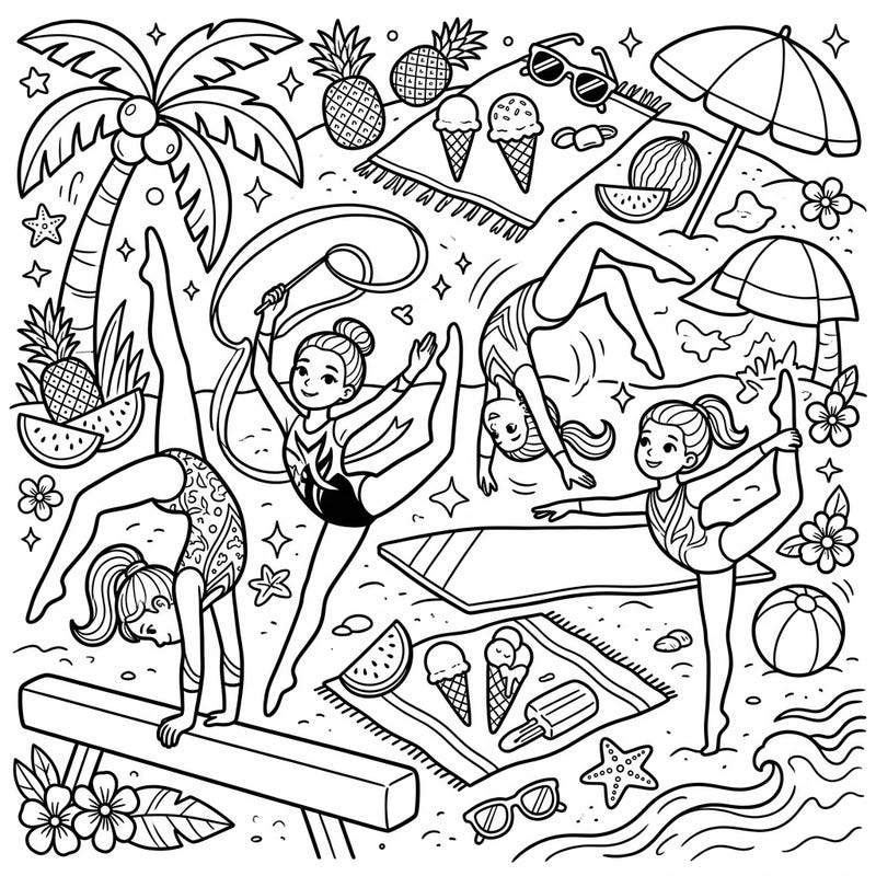 Celebrate the energy of youth gymnastics combined with the joy of summer vacation! This vibrant coloring page brings together athletic grace and sunny beach fun for an exciting creative challenge.