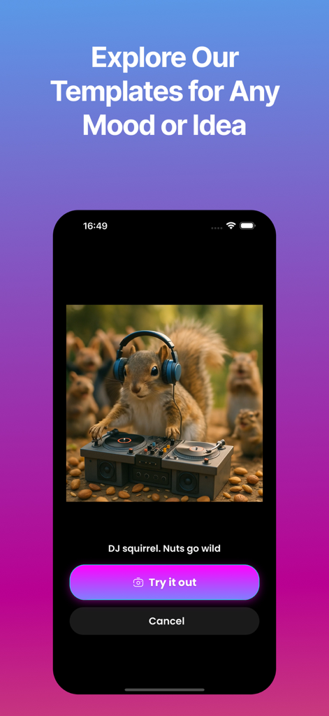 Livensa - AI Picture to Video - Livensa app interface showing an AI generated image of a squirrel acting as a DJ