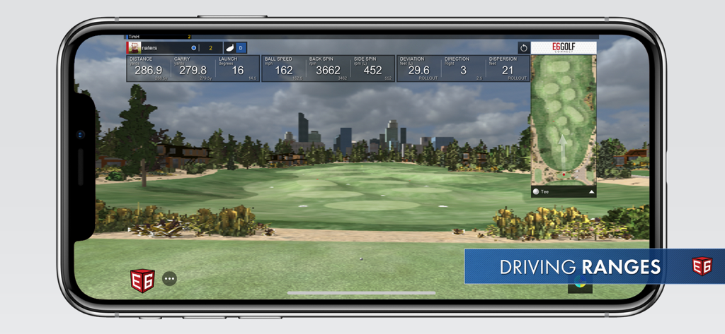 E6 CONNECT driving range mode displaying shot analysis and data