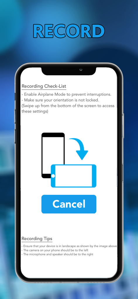 My Selftape App - A recording checklist screen in My Selftape App showing tips for landscape orientation and device setup.