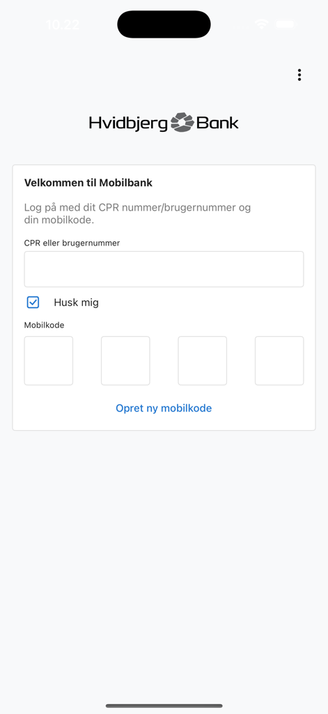 Hvidbjerg Bank - Login screen for the Hvidbjerg Bank mobile application showing fields for user identification and mobile security code