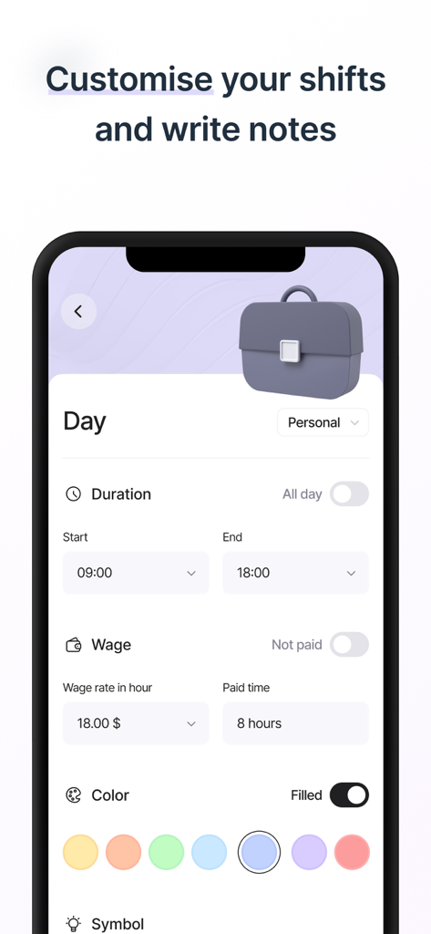 Shift Work Calendar & Schedule - A mobile app screen for customizing shift details including duration, hourly wage, and color coding.