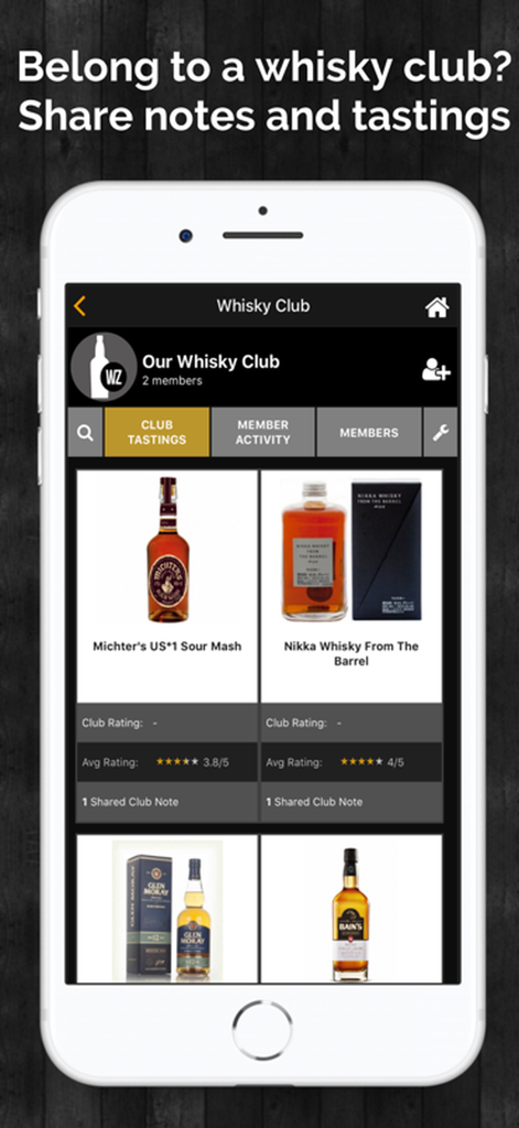 Interface of the Whizzky app showing a whisky club page with shared tasting notes and ratings for various whisky bottles.