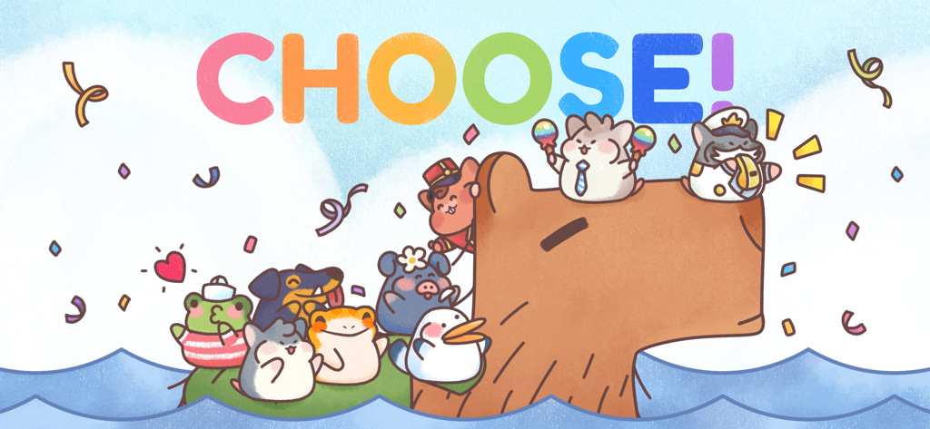 Hamster Inn - Um grupo de animais de desenho animado fofos andando em uma capivara grande com a palavra ESCOLHA em letras coloridas.