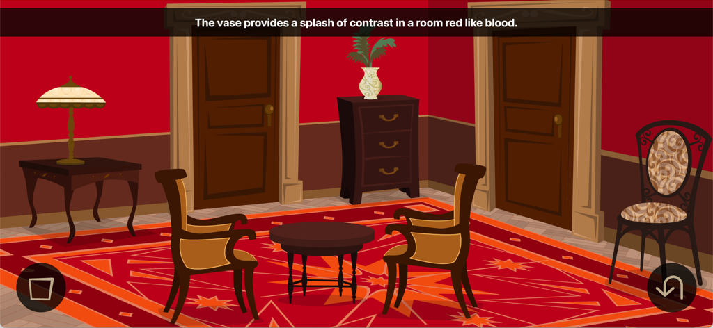 Um quarto vermelho desenhado à mão com móveis góticos na Beast of Bodkin Hall.