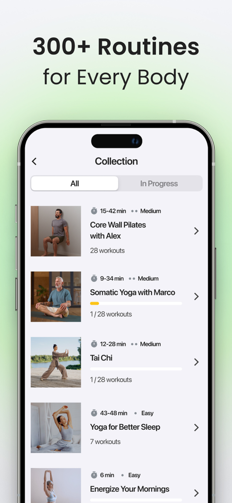 Yoga-Go app screen displaying a collection of over 300 workout routines including Wall Pilates and Somatic Yoga