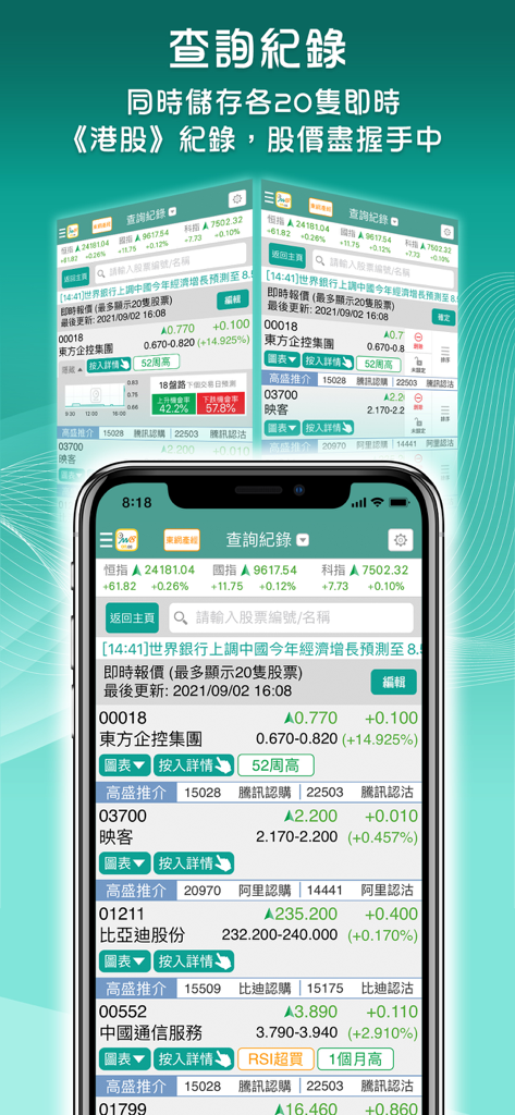 Money18 app interface showing a real-time Hong Kong stock watchlist with price quotes and market indices