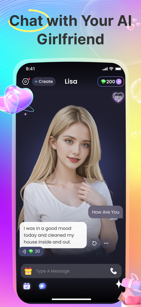 AI Girlfriend - MyGirl - Interfaz de aplicación móvil que muestra una sesión de chat con una novia de IA llamada Lisa