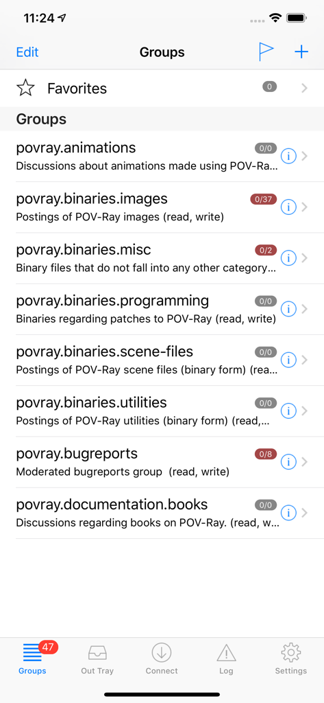 La aplicación NewsTap mostrando una lista de grupos de noticias de Usenet suscritos con recuentos de artículos y descripciones