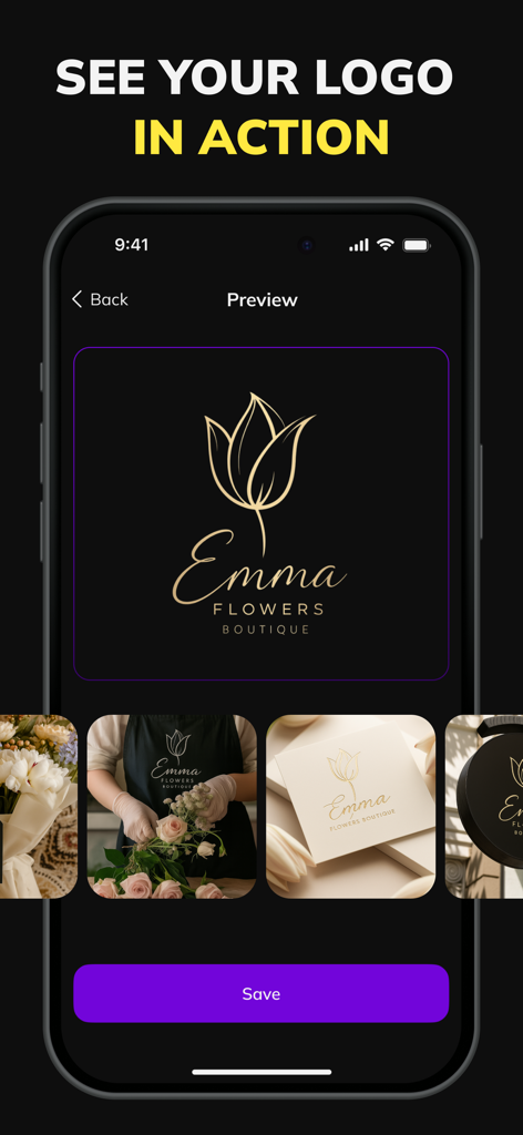 A smartphone screen displaying a flower boutique logo with various real-world branding mockups.