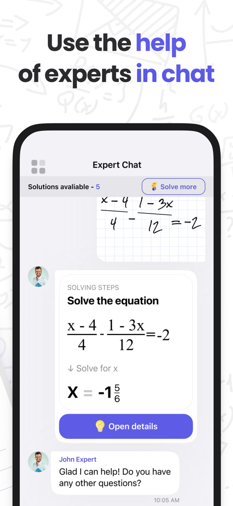 A mobile interface showing a math expert providing step by step equation solutions in a live chat