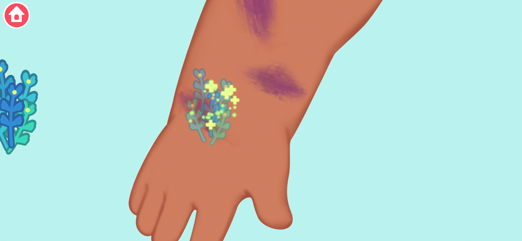 Dinosaur Time Machine Games - A character treating a bruised hand with medicinal herbs in a prehistoric setting