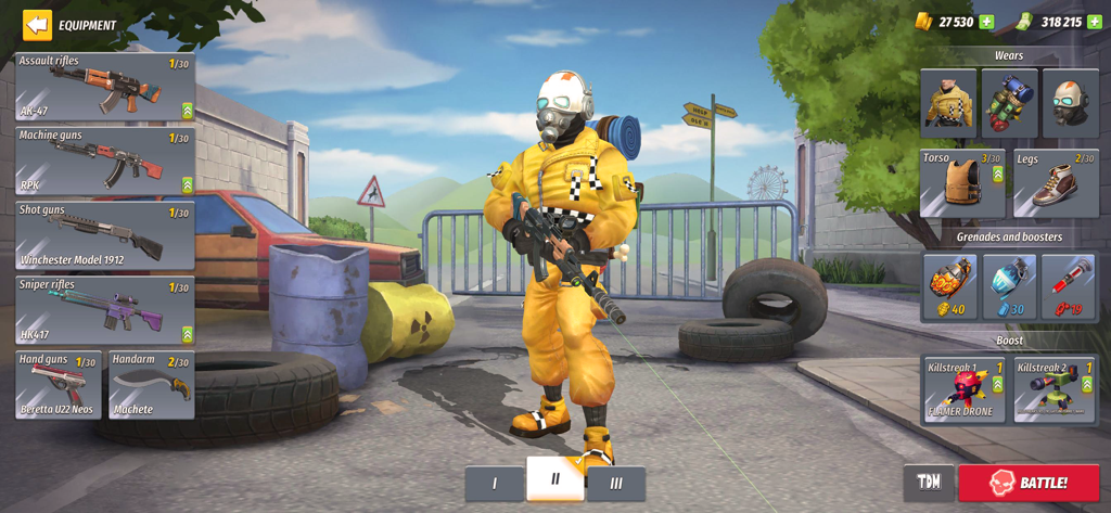 Equipment and character customization menu in Contra Guns PVP Shooting Game