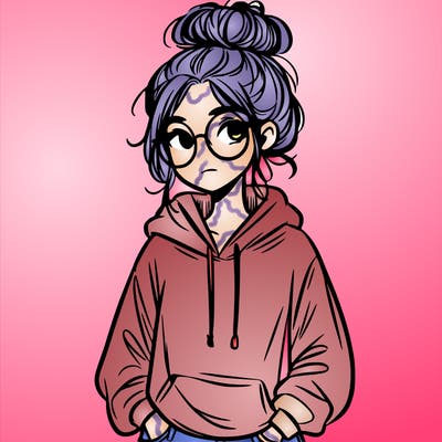 teen girl with a messy bun and glasses wearing a loose hoodie and jeans