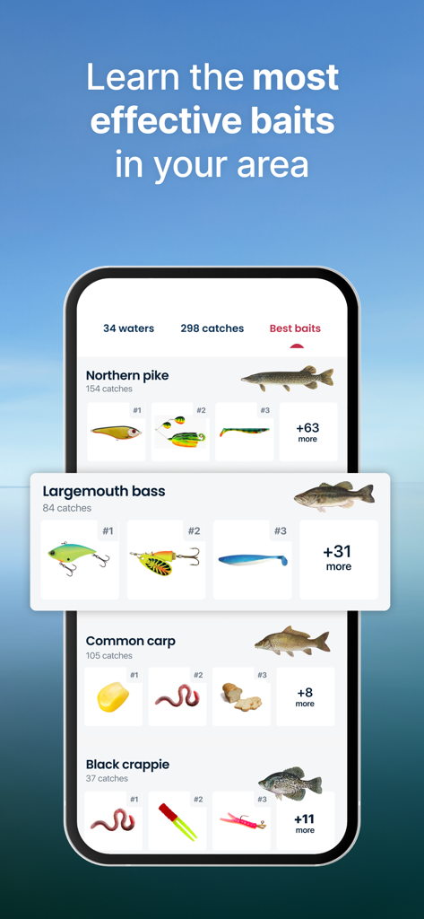 Fishbrain - Fishing App - Fishbrain app interface showing recommended baits and lures for different fish species like bass and pike.