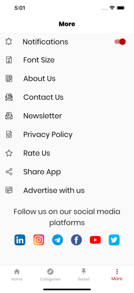 Punch News - Settings menu of the Punch News app showing options for notifications, font size, and social media links
