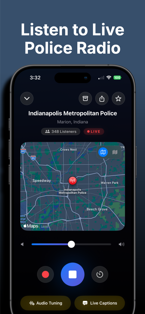 Police Scanner: Crime Radar - Interfaz de la aplicación Escáner Policial que muestra una transmisión de radio de la policía de Indianápolis en vivo con un mapa interactivo y controles de reproducción