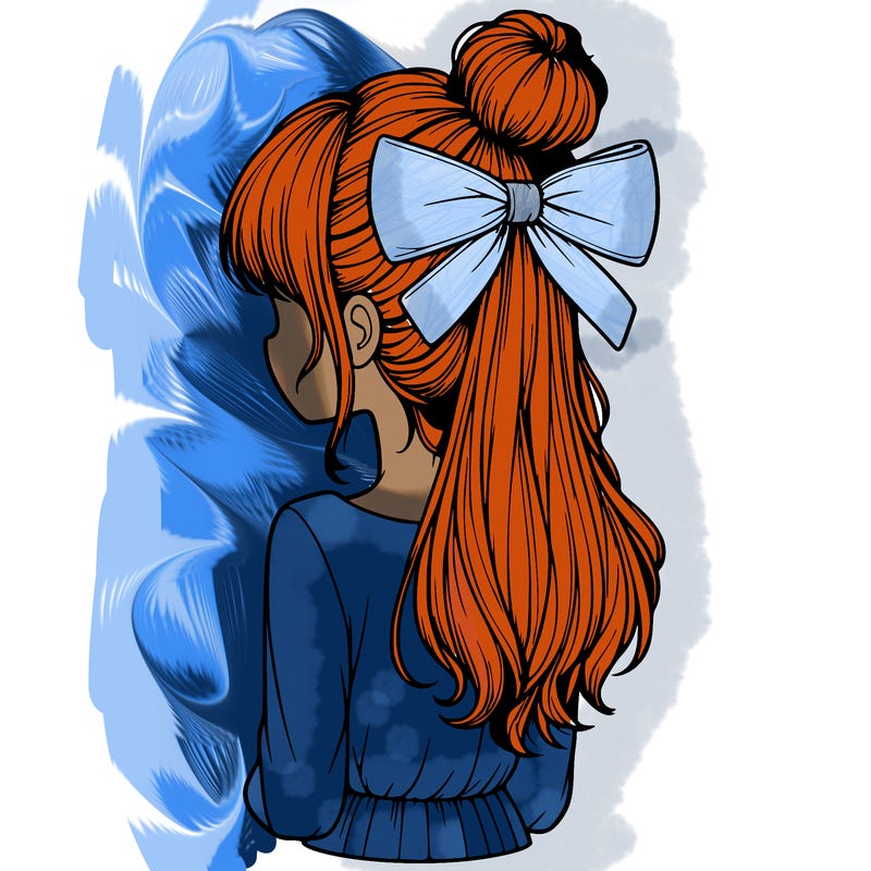 realistic girl  with hip length hair a bun and a big bow on the back of head