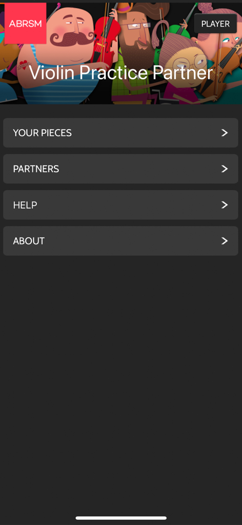 ABRSM Violin Practice Partner - Main menu of the ABRSM Violin Practice Partner app featuring options for pieces and partners