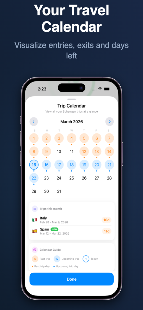 Schengen Stay: 90/180 Days - Schengen Stay app interface displaying a travel calendar with past and upcoming trips to Italy and Spain