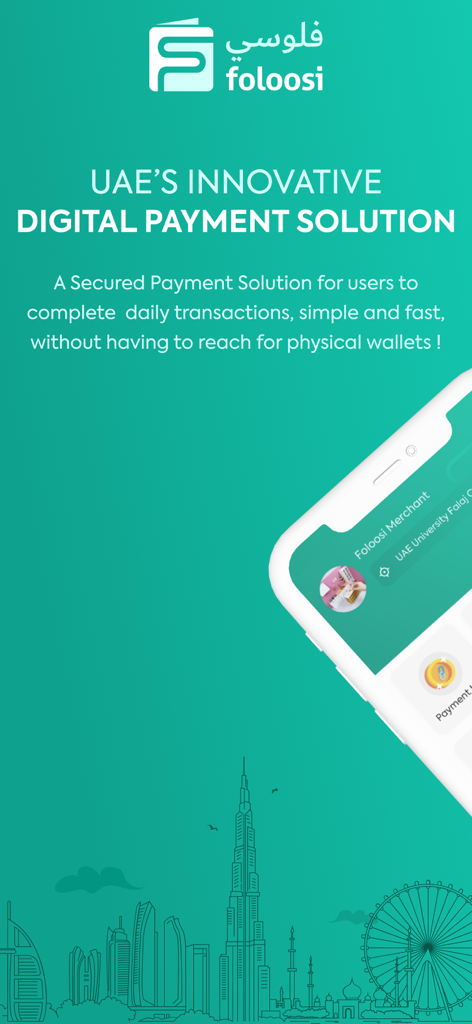 Oberfläche der Foloosi Business Merchant App, die eine innovative digitale Zahlungslösung als Schlagzeile anzeigt