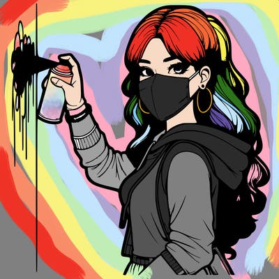 realistic girl with mask spray painting a wall