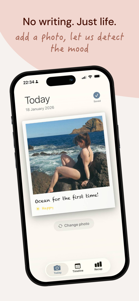 Dear Today: Photo Journal - Aplicación Dear Today photo journal mostrando una entrada de foto diaria con detección automática del estado de ánimo.