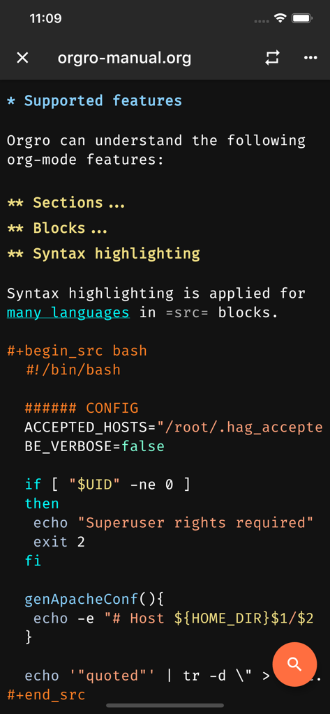 A screenshot of the Orgro app displaying syntax highlighting for a bash script within an Org-mode file.