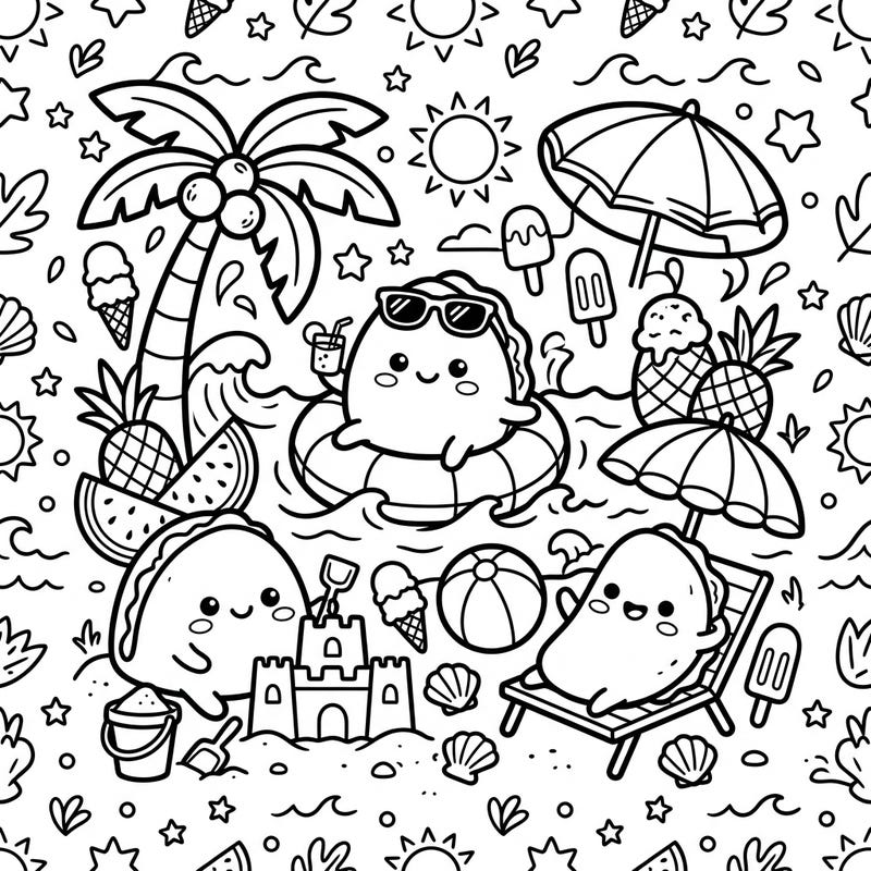 Get ready for a super cute summer adventure with this Kawaii omelette coloring page! Adorable omelette characters are enjoying the beach, building sandcastles, and relaxing under palm trees, perfect for a sunny coloring session.