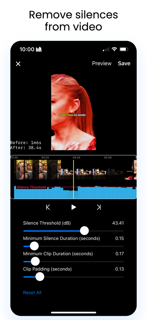 Mobile app interface showing the silence removal tool with audio waveform and adjustment sliders