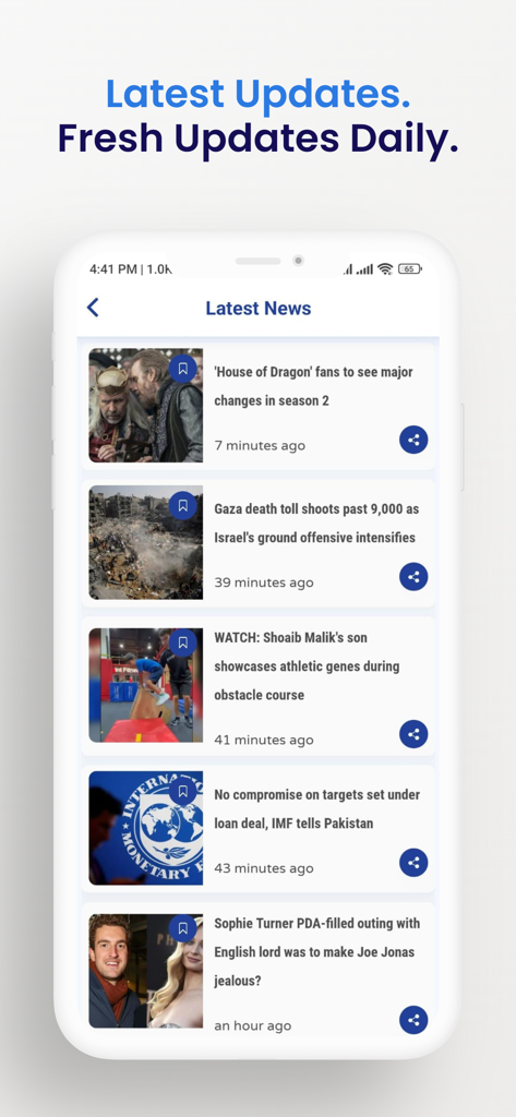 Aplicativo Geo News Official exibindo uma lista de últimas atualizações de notícias em uma tela de smartphone.
