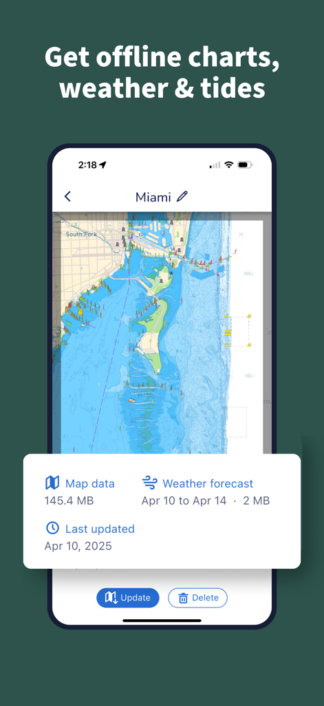Savvy Navvy Boating Navigation - Savvy Navvy app interface showing offline marine charts weather and tide data for Miami