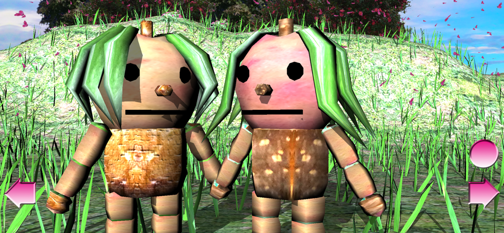 Duas garotas de pêssego 3D fofas de mãos dadas em um campo gramado