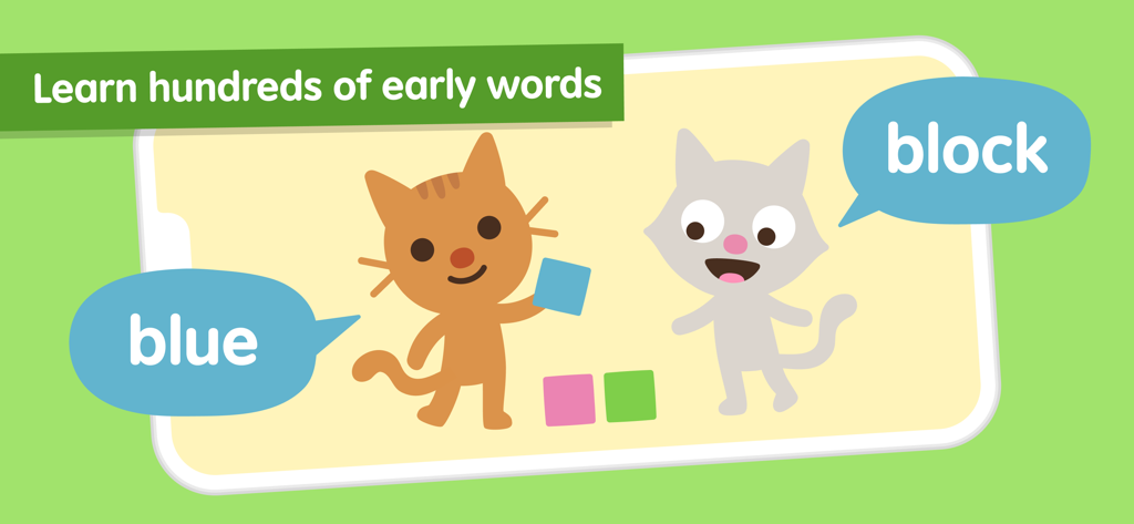 Cartoon cats learning the words blue and block in the Sago Mini First Words app