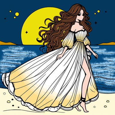 beautiful woman with a vaporous long dress walking on the beach at the noon, detailed art