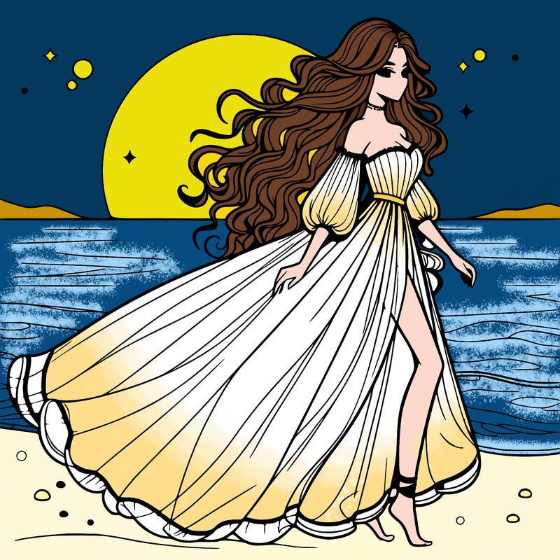 beautiful woman with a vaporous long dress walking on the beach at the noon, detailed art
