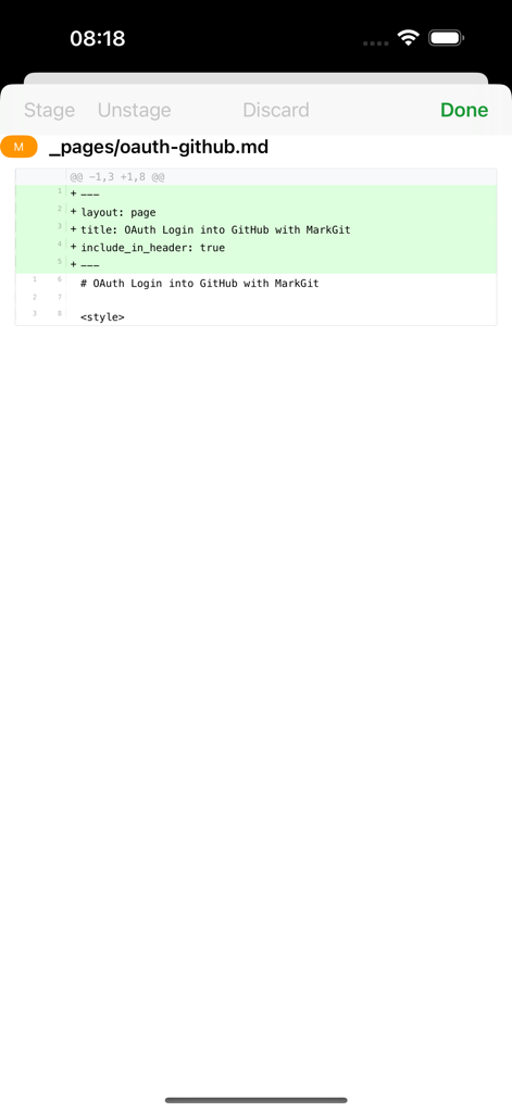 MarkGitアプリのモバイルインターフェース。MarkdownファイルのGit diffを表示しています。