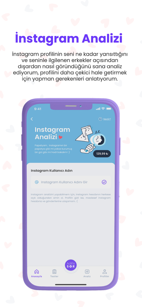 A mobile app screen showing the Instagram Analysis feature of the Adil’e Sor app used to optimize dating profiles.